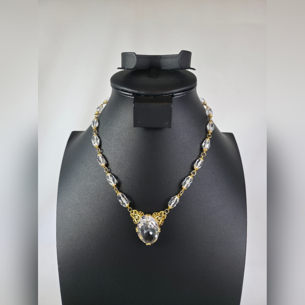 Vintage Farrah Crystal Necklace Signed Gold Plated Filigree Collar Statement
